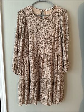 Abercrombie & Fitch Beige Leopard-Print Long Sleeve Tiered Dress